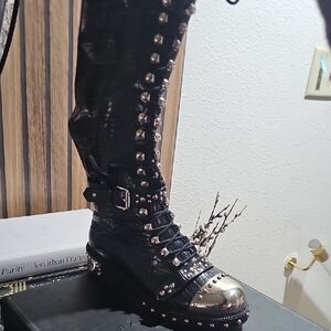 Studded Black Lace-Up Boots with Silver Accents